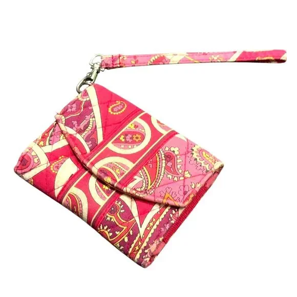 Vera Bradley Wristlet Purse Women's Red Pink Paisley ID Pocket Strap Wallet USED - Picture 2 of 11